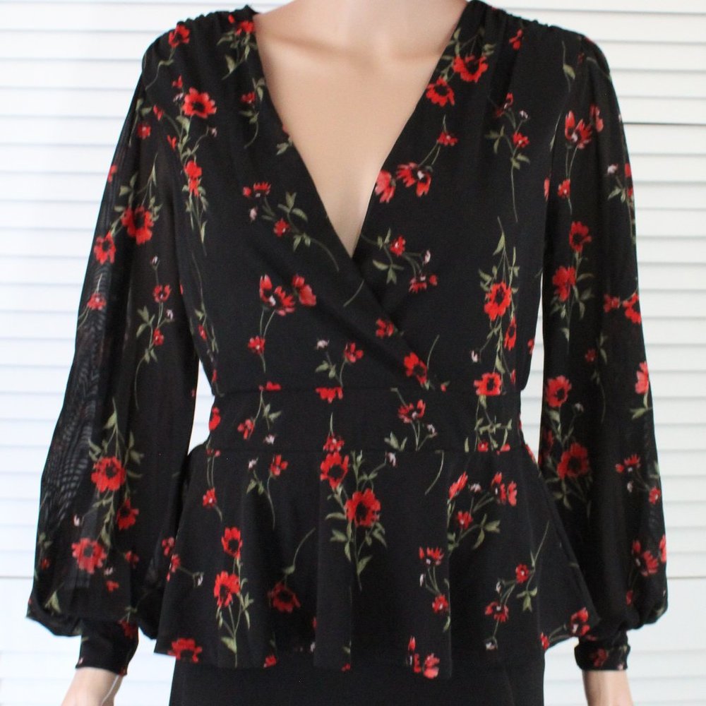 Elegant short black blouse w/ red flowers
